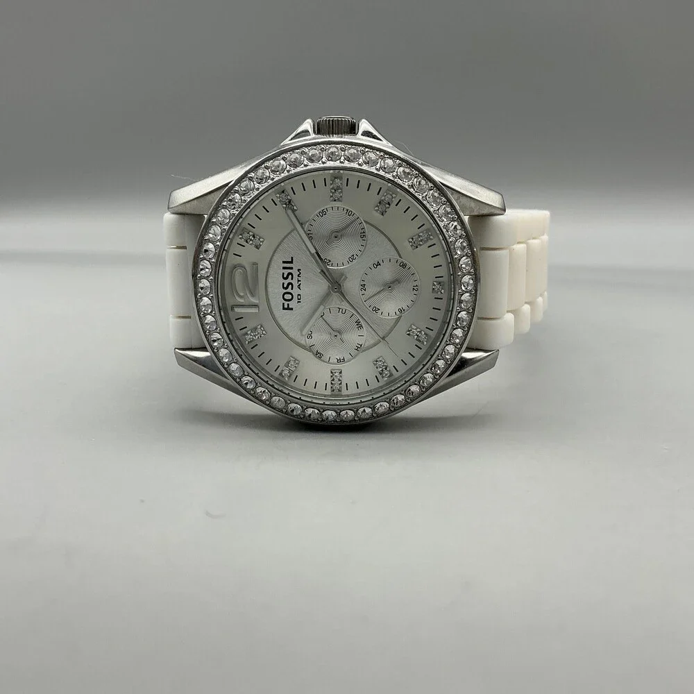Fossil Womens Watch 38mm White Dial Silicone Crystal Bezel Multi Dial ES3244